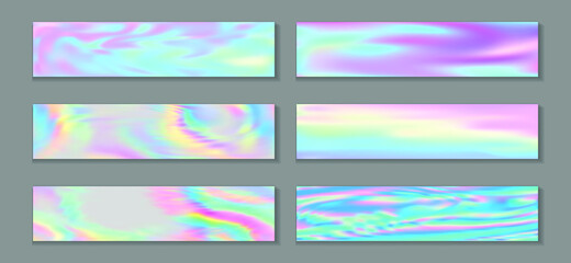 Fototapeta na wymiar Hologram hipster flyer horizontal fluid gradient mermaid backgrounds vector collection. Iridescent