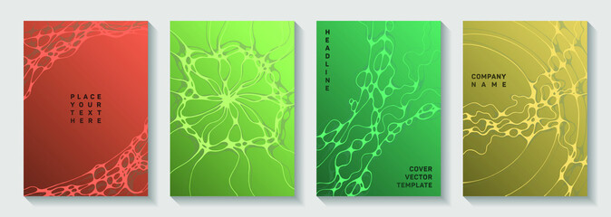 Artificial intelligence concept abstract vector covers. Overlaying waves flux backdrops. Subtle banner vector templates. Radio physics cover pages graphic design set.