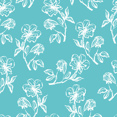 seamless contour floral vector pattern with twigs and leaves on contrasting lilac background