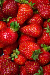 Ripe red strawberries on a black background, close-up top view.