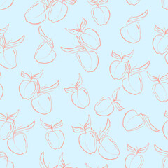 contour peaches nectarines with leaves fruits isolated print hand illustration vector seamless pattern