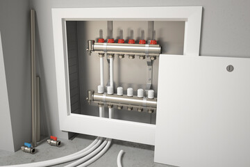 Installing distributor of central heating, 3d illustration - obrazy, fototapety, plakaty