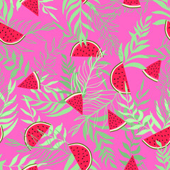 Watermelons, tropical palm leaves, seamless vector floral pattern, summer background