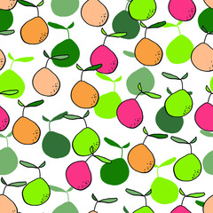 pear seamless vector pattern. Colored pears with silhouettes and shadows with leaves and dots on a colored background