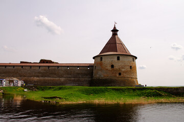view of the Oreshek fortress early spring, sunny day, St. Petersburg, May 2021