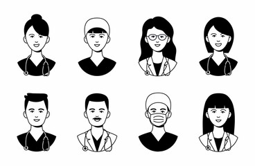 Medical staff in uniform with stethoscope line and bold black silhouette icons set isolated on white. Doctor, physician pictograms collection. Hospital nurse vector elements for infographic, web.