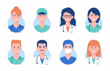 Doctors and nurses avatars in medical masks. Set of medicine employee faces. Group men and women portfolio avatars isolated on white background. Vector illustration. Healthcare concept. Hospital staff