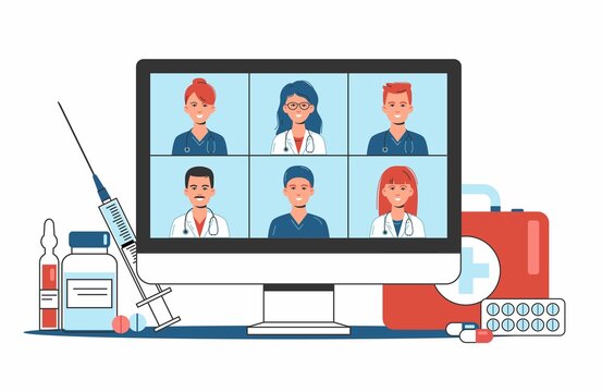 Online Medical Consultation And Support Concept, Healthcare Services, Group Of Doctors Teleconferencing With Stethoscope On Computer Screen, Conference Video Call, New Normal, Flat Vector Illustration
