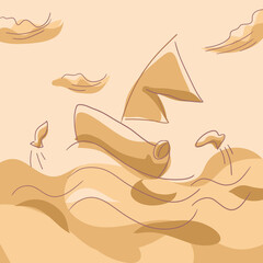 Sailing ship in the sea with abstract shapes and organic lines