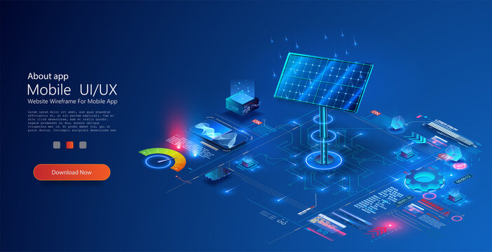 Futuristic blue solar isometric battery, solar panel, renewable energy. A modern 3d graphic concept. Solar panel on the background of charts and indicators. Vector illustration