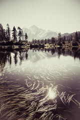 Mount Shuksan desaturated reflects in Picture Lake with interesting grasses