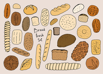 vector bread set in color. hand-drawn ,doodle-style bread of different types, white and black and gray, different shapes and colors, baguettes, tortillas and bricks, toast for a design template with d