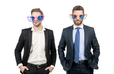 Work all day, party all night. Professional men wear funny glasses. Corporate party