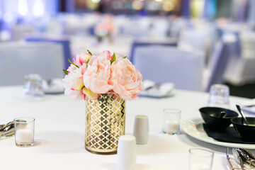 Wedding reception table decorations and flowers close up