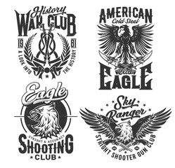 Eagle American t shirt print, club of shooting, vector emblem icons. Sky rangers and military shooting range club badges with gothic heraldic eagle bird with wings, history war club laurel and swords