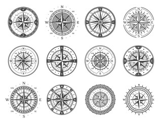 Antique compass with wind rose arrows. Vintage compass with star, cardinal directions and meridian scale. Monochrome vector marine navigation, exploration and age of geographical discover symbol