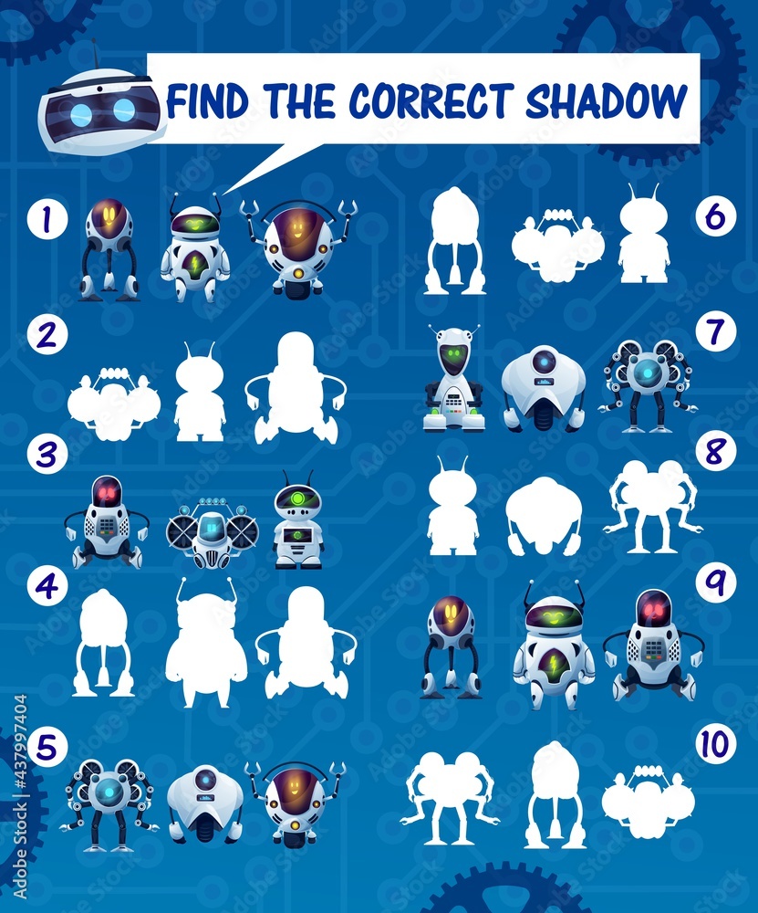 Poster kids game find the robot shadows, vector riddle match correct cyborg silhouettes. children logic tes