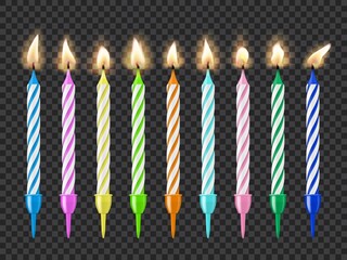 Birthday cake candles, candlelight fire flame, colorful vector burning candles isolated on transparent transparent background. Decorative glow design elements, equipment for party, realistic 3d set