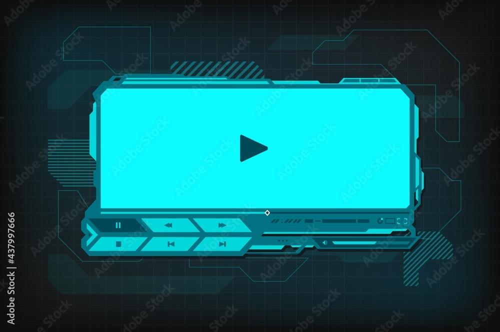Poster hud video player futuristic interface. vector digital ski-fi template with play button, menu bar and
