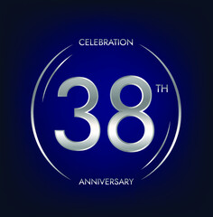 38th anniversary. Thirty-eight years birthday celebration banner in silver color. Circular logo with elegant number design.