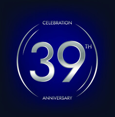 39th anniversary. Thirty-nine years birthday celebration banner in silver color. Circular logo with elegant number design.