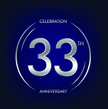 33th anniversary. Thirty-three years birthday celebration banner in silver color. Circular logo with elegant number design.