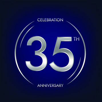 35th anniversary. Thirty-five years birthday celebration banner in silver color. Circular logo with elegant number design.