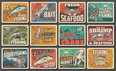 Seafood vector retro posters, fishing catch, fish gourmet restaurant, ocean and sea fishery industry. Chef delicatessen food, underwater animals squid, octopus and crab, tackle rent vintage cards