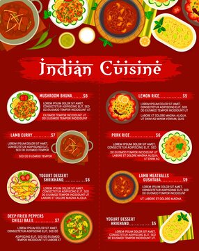 Indian cuisine restaurant menu template. Mushroom bhuna, lamb meatballs gushtaba and lamb curry, chicken with spinach Palak Murgh, yogurt shrikhand and deep fried peppers chilli bajji, lemon rice
