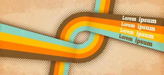 Retro poster template with paper grunge texture, pastel colors lines, stripes or rainbow rays pattern, half tone effect. Abstract vector background, vintage banner design or funky backdrop, wallpaper