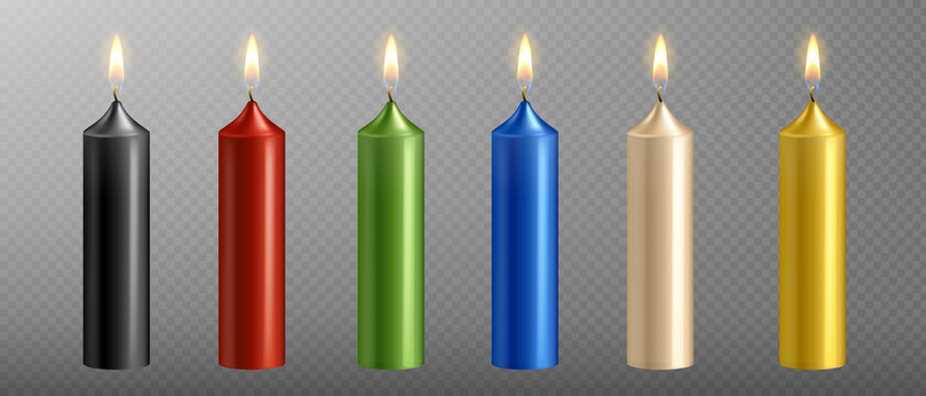 Vector realistic candle set with fire isolated on transparent background. Diferent color candles collection with flame for birthday cake. Burning candlelight icon.Vector illustration  EPS10