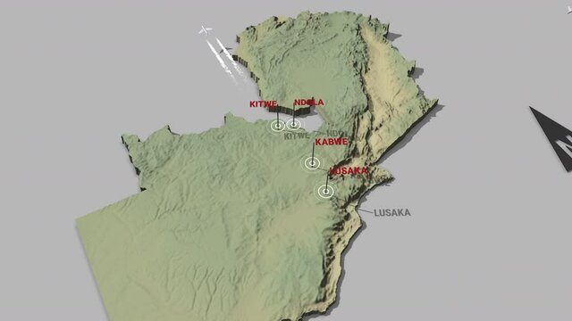 Seamless looping animation of the 3d terrain map of Zambia with the capital and the biggest cites in 4K resolution