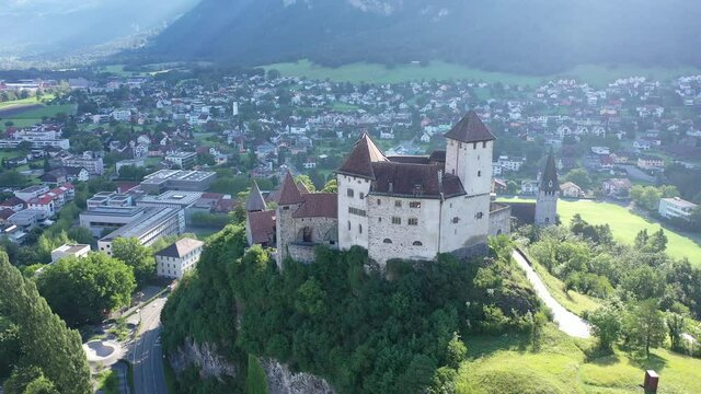 Picturesque summer landscape with Gutenberg Castle, important historic preserved castle located in town of Balzers, Principality of Liechtenstein