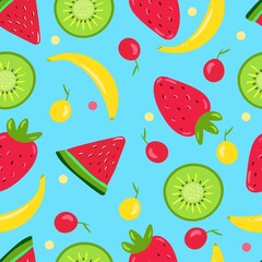 Summer fruits seamless pattern. Cute and colorful hand drawn illustration with strawberry, watermelon, banana, kiwi. Vector design for textile, wallpaper.