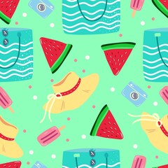 Summer vacation seamless pattern. Colorful background with beach bags, hats. watermelon and icecream. Design for print, textile.
