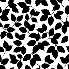 Vector seamless black and white floral pattern with leaves silhouettes.