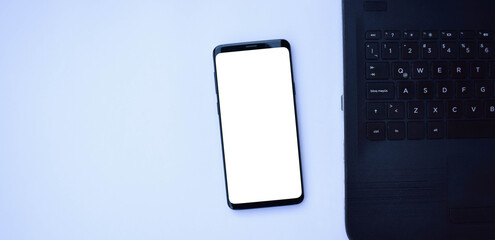 Top view of mobile phone with blank screen for text on white background.