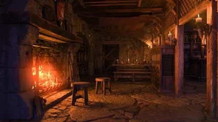 Fotobehang 3D rendering of a medieval tavern interior lit by candlelight and burning fire. © IG Digital Arts