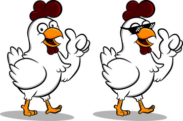 two chicken mascots giving a thumbs up and wearing cool glasses