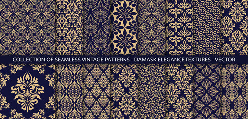 Set of ornate vector ornamenal patterns. Vintage classic backgrounds collection. 16 damask textures in gold and dark blue colors. Perfect for invitations or announcements.