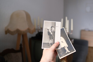 closeup female hand holding old photos of 1940-1950 in vintage interior, concept of family tree,...