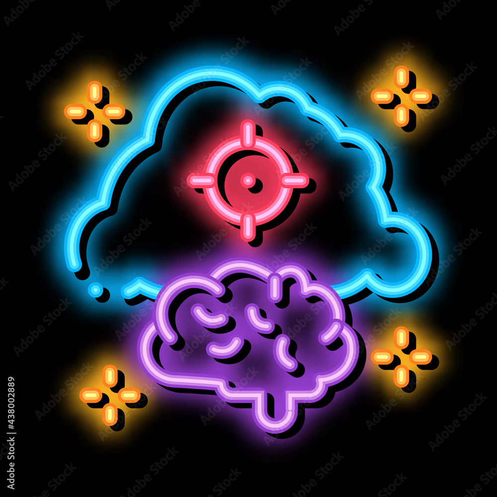 Sticker brain cloud target neon light sign vector. glowing bright icon brain cloud target sign. transparent 