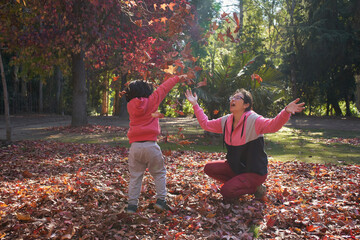 Mother throws dry leaves in the air next to her child. Woman expresses happiness while playing with a child. Family session