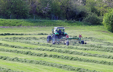 Ein Landwirt in Bayern mäht das Heu. Ein Traktor wendet auf dem Feld das Heu © Astrid Gast