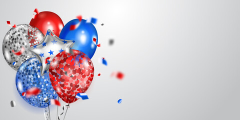 Background with several colored balloons in the colors of the USA flag and pieces of shiny serpentine. Illustration for the Independence Day of the United States of America