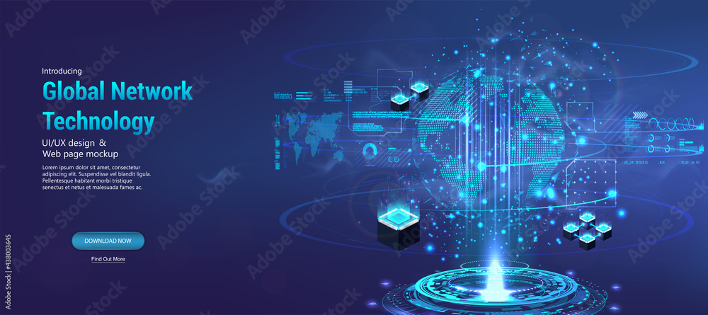 Aufkleber Global network technology in futuristic style with hologram Earth Globe, HUD UI interface and 3D objects. World internet connection or social media online communication concept. Vector banner