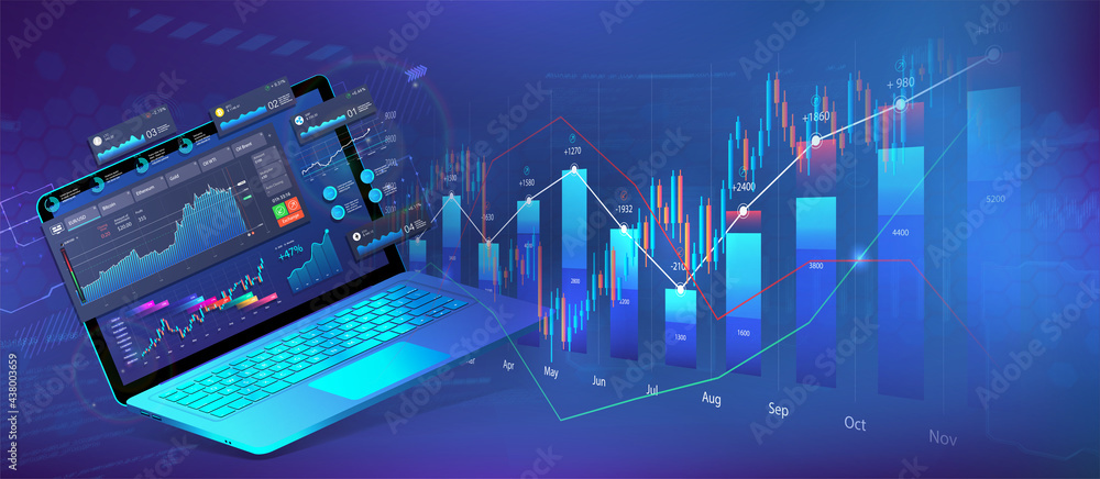 Poster positive growth dynamics, the trend is going up. laptop with dashboard and growing charts from it. a