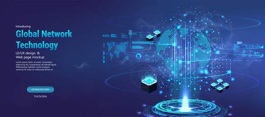 Global network technology in futuristic style with hologram Earth Globe, HUD UI interface and 3D objects. World internet connection or social media online communication concept. Vector banner