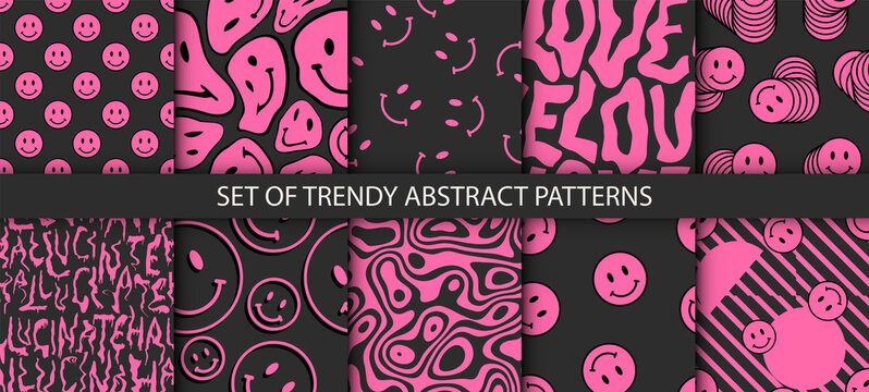 Collection of trendy hand drawn patterns. Fashion 80-90s. Trendy pink color and black background fun textures.