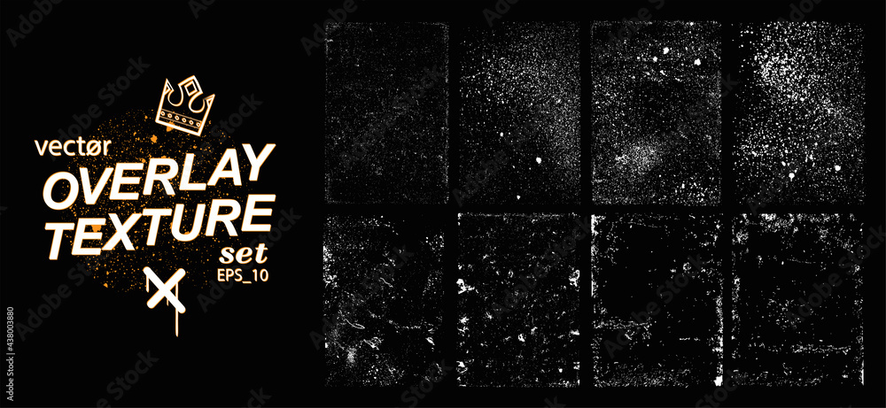 Poster Overlay distressed texture set. Stamps with white grainy texture and uzzy frame along the contour A4 format. Dust overlay stamps. Grain noise particles. Backdrop old, damage, grainy. Vector collection
